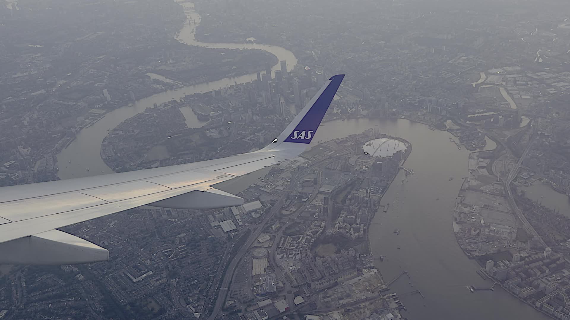 Aerial View of London Skyline with River Thames with SAS Logo Visible