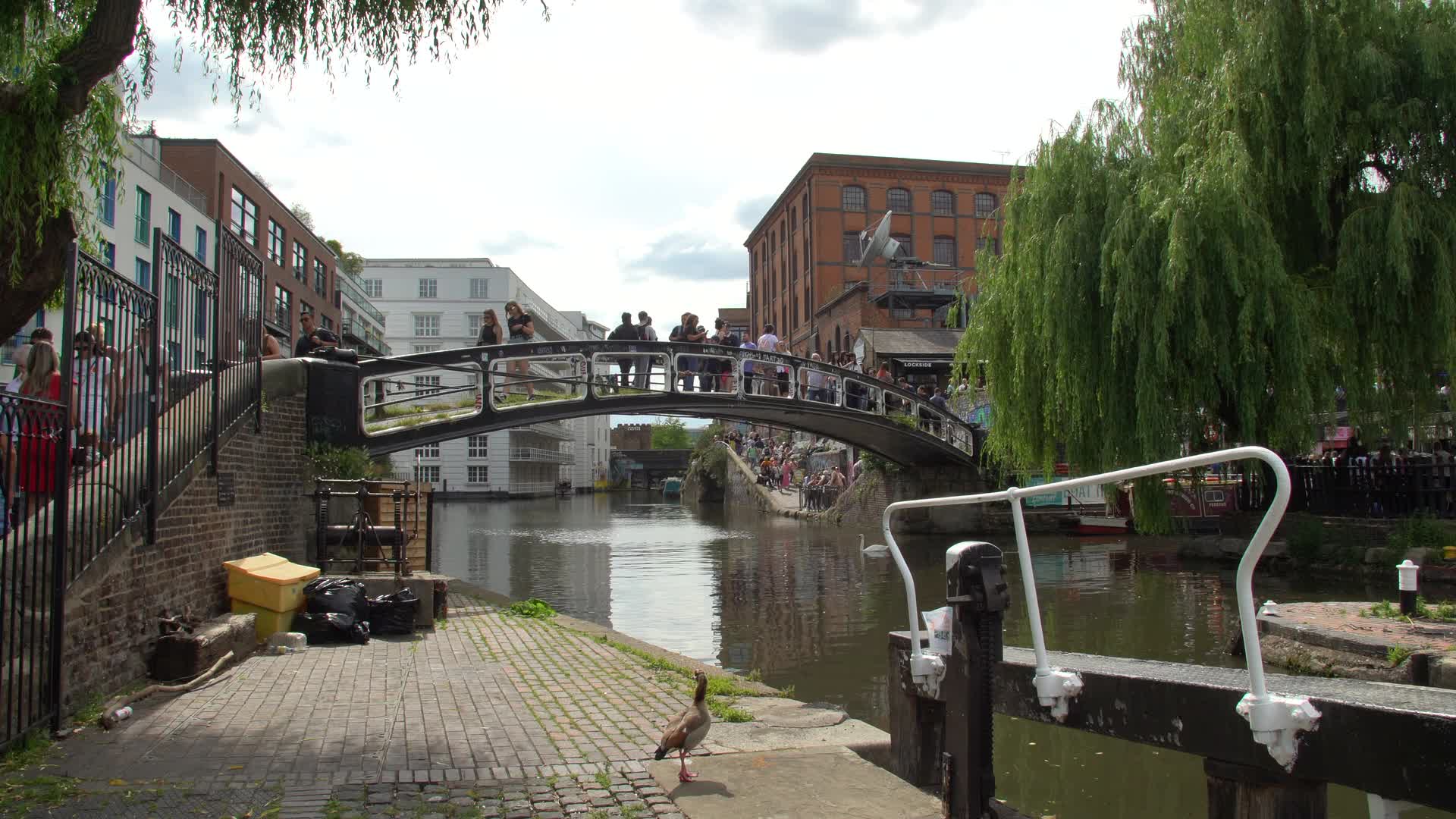 Camden Canal Bridge with Pedestrians and Scenic View in London, UK
