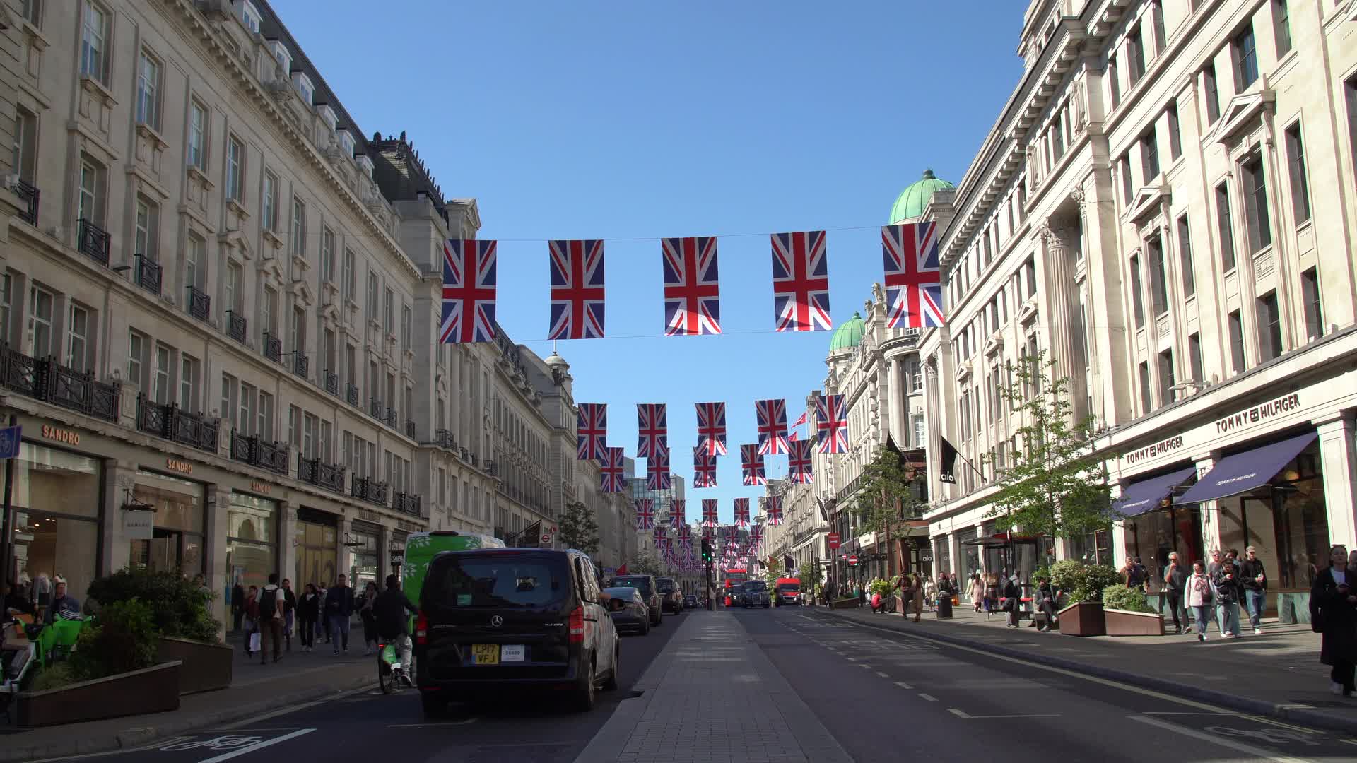 Busy Regents Street Timelapse with Union Jack Flags