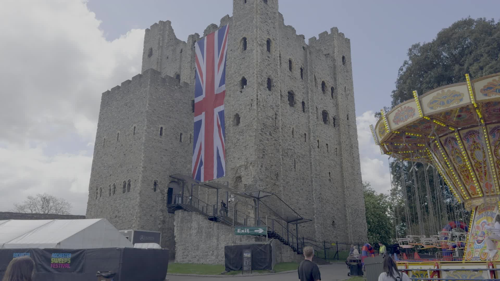 Rochester Castle with Union Flag and Funfair