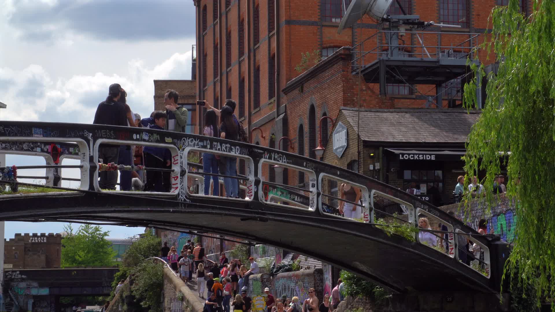 Camden Canal Footbridge with People on a Sunny Day in London