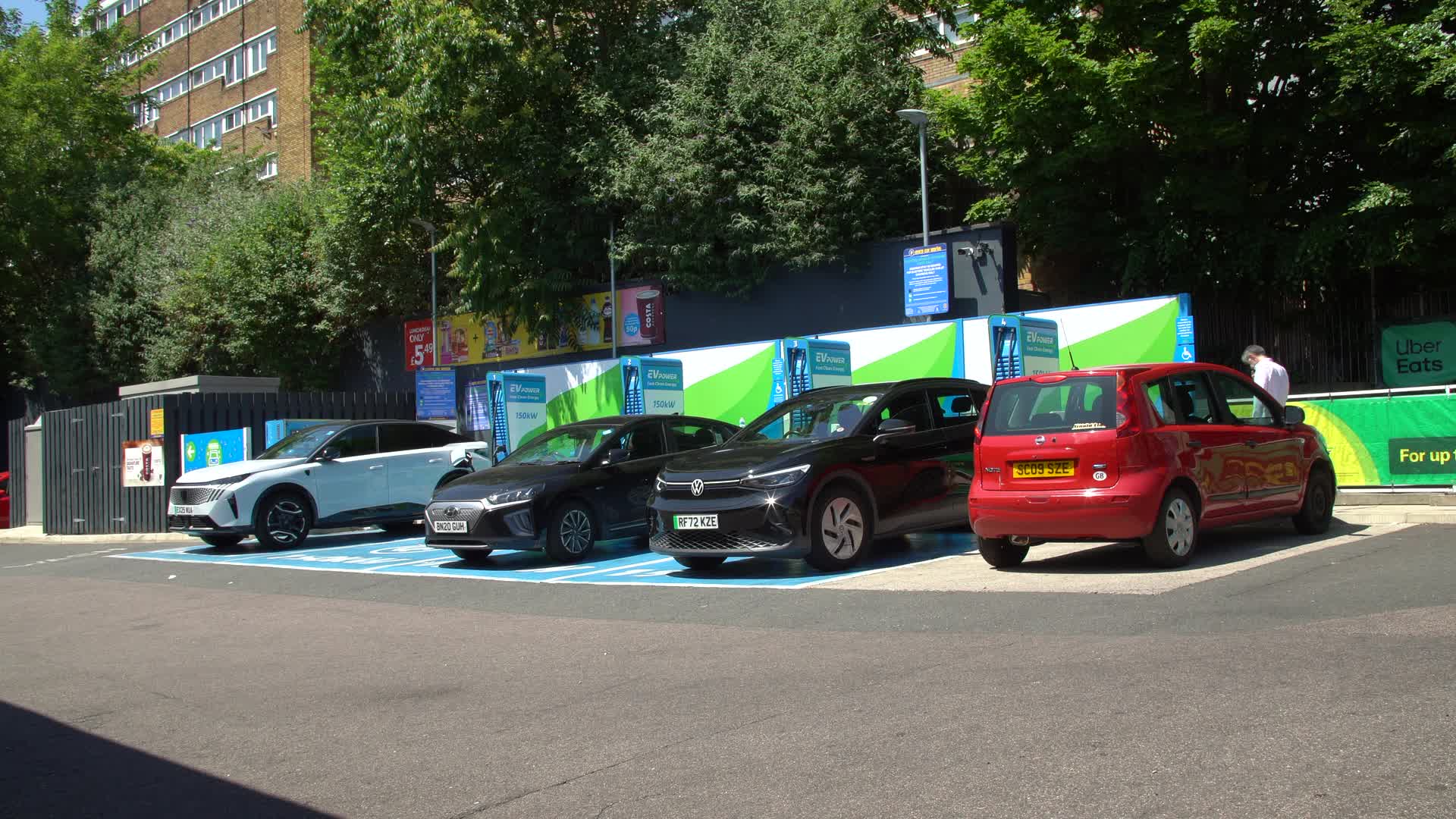 Electric Vehicle Charging Station with Parked Cars at BP Service Station