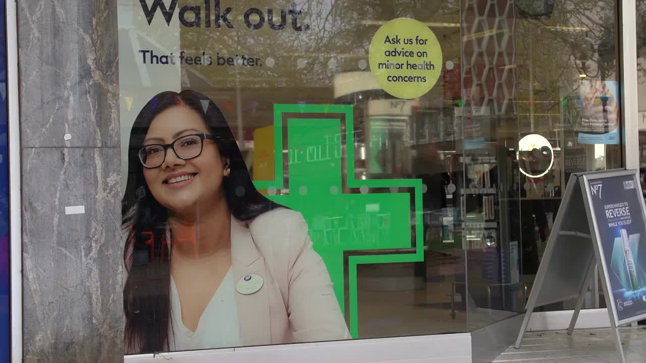 Pharmacy Storefront with Health Advisory Signs