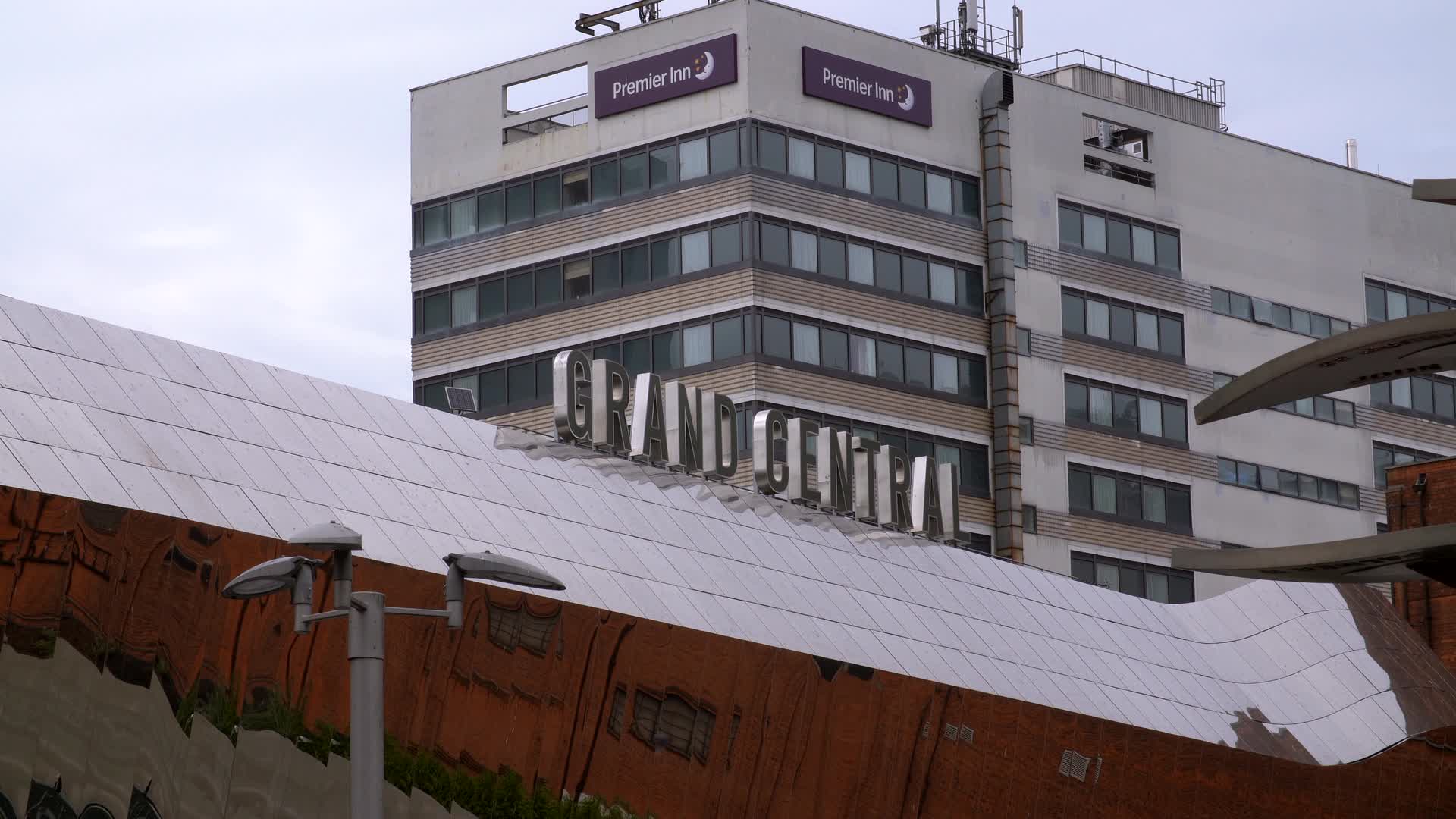 Grand Central Station Exterior with Premier Inn Signage in Birmingham, UK