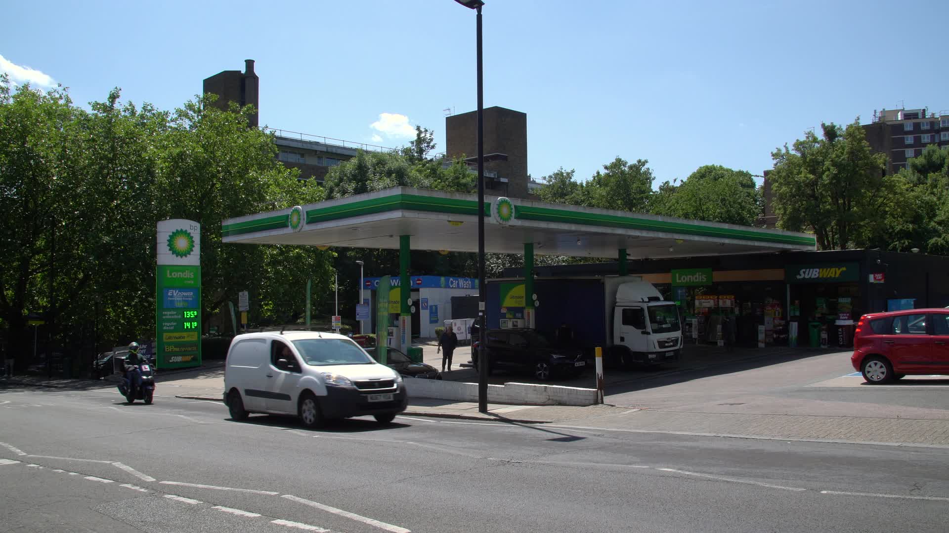 BP Service Station on a Sunny Day in London, UK