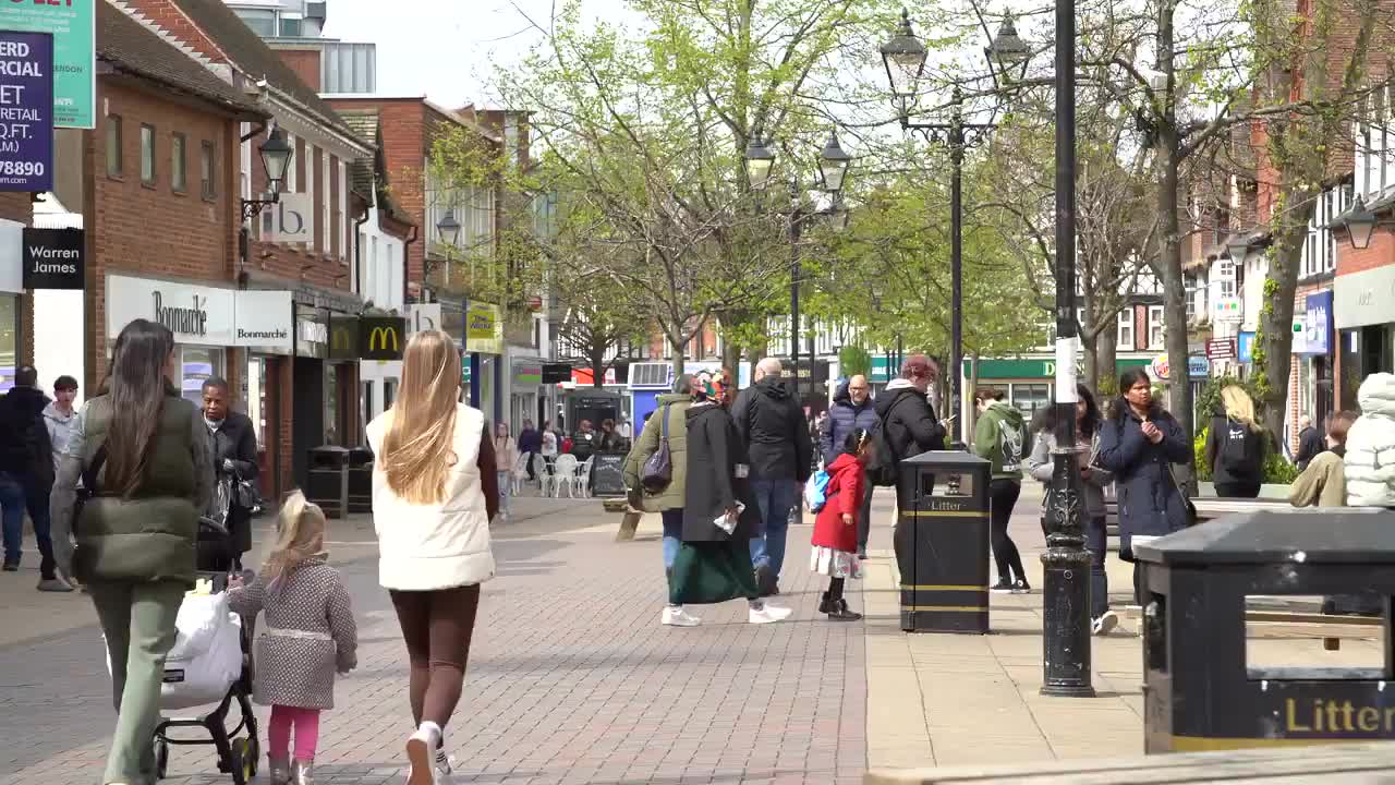 Busy Solihull Town Center Street Scene in Spring