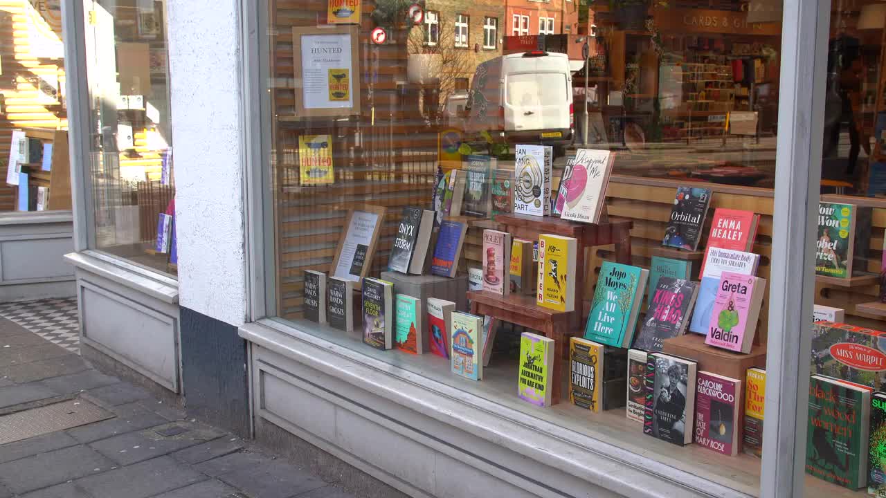 February Bookstore Window Display in Urban Setting