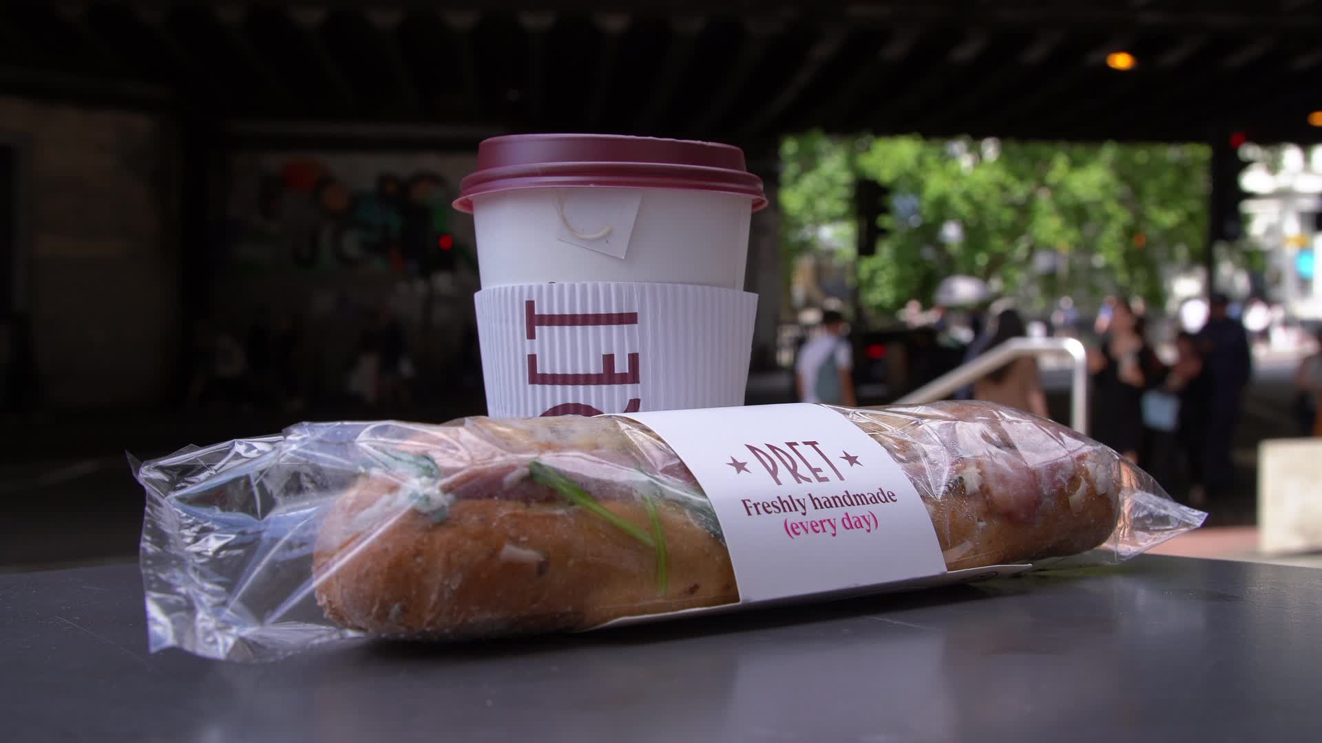 Pret A Manger Coffee and Sandwich on Urban Street