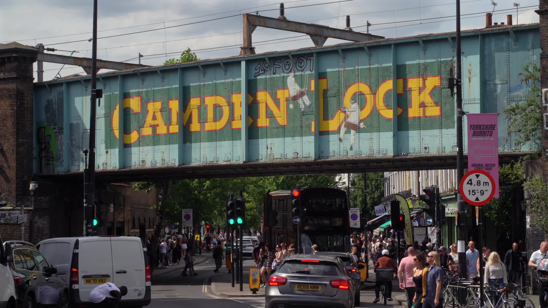 Iconic Camden Lock Busy Street Scene with Bridge and Pedestrians