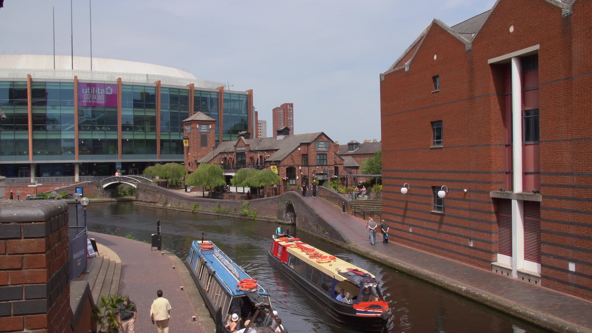 Birmingham Canal with Narrowboats and Arena View