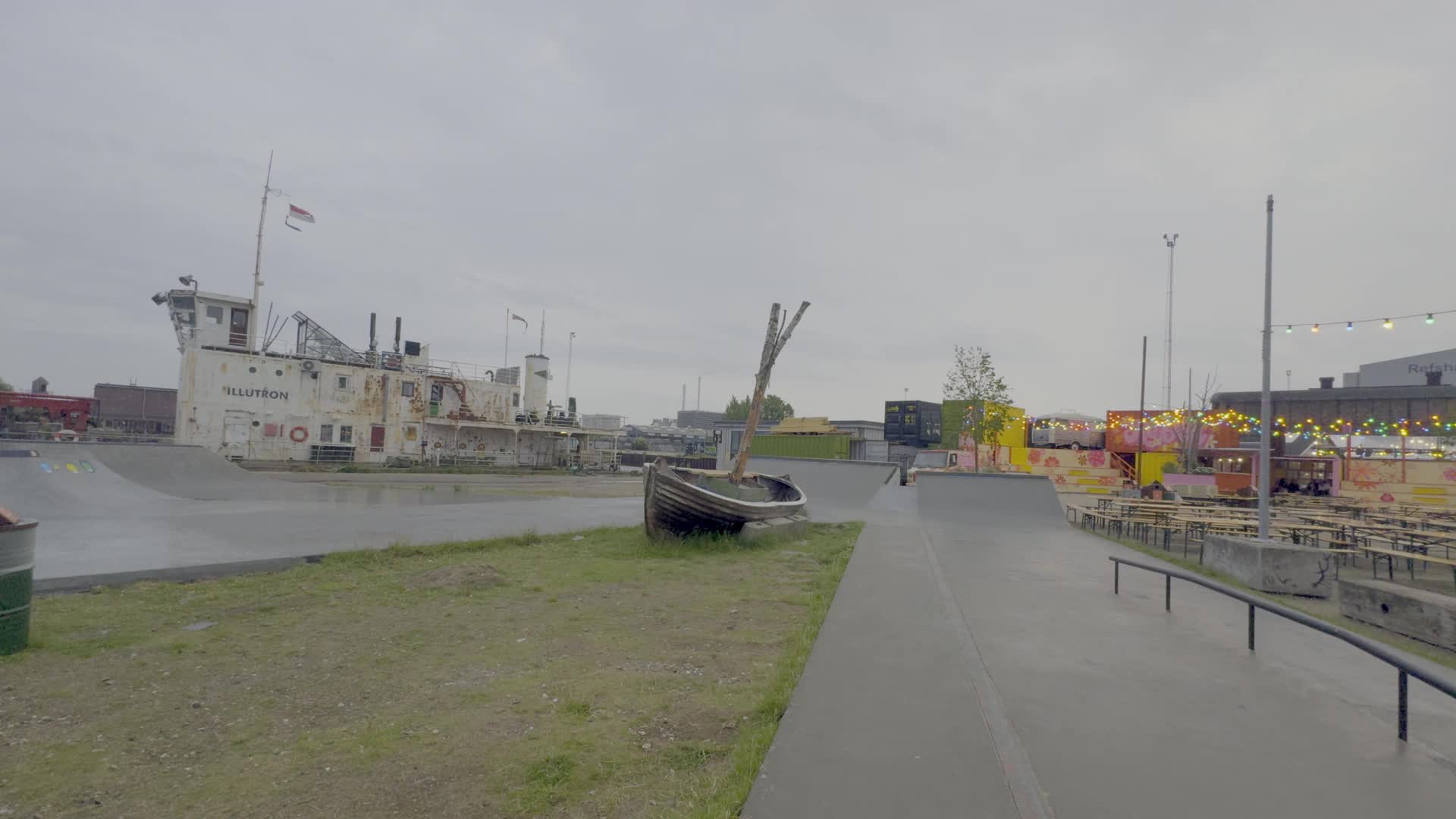 Copenhagen Container Park Scene with Ship