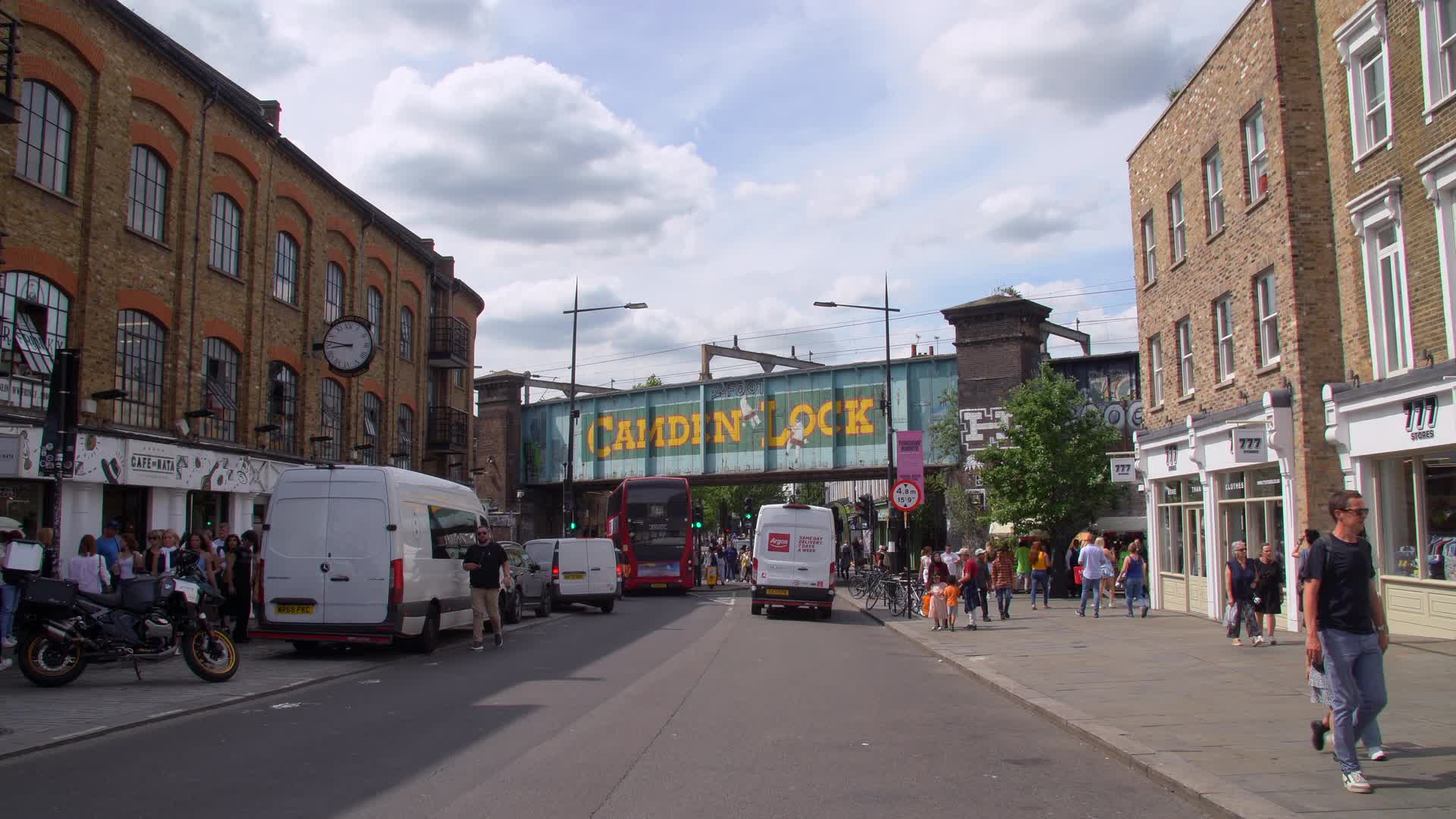 Iconic Camden Lock Street Scene with Buses and Shops in London