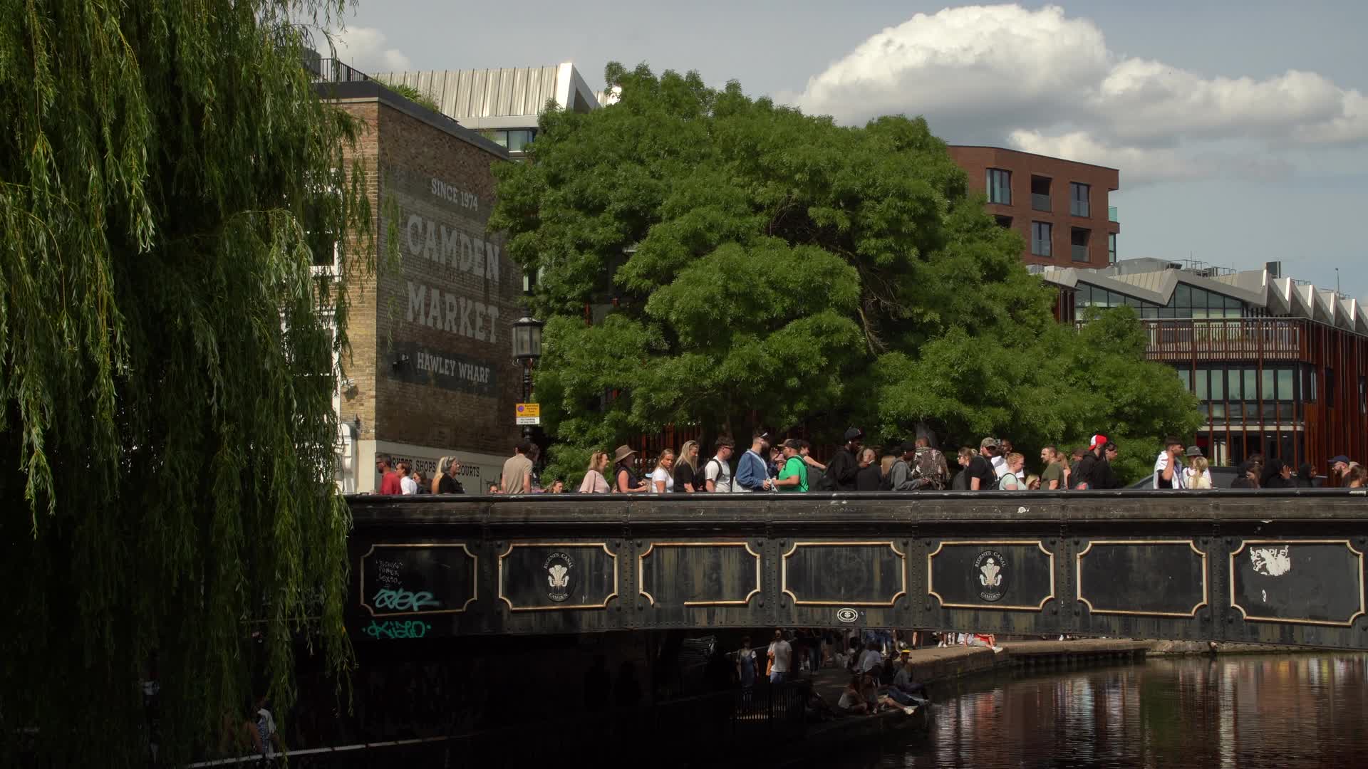 Camden Market Canal Bridge with Crowds and Sunny Weather