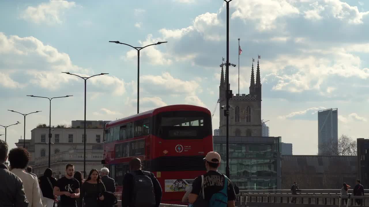 Bustling London Bridge Scene with Double-Decker Bus in 4K