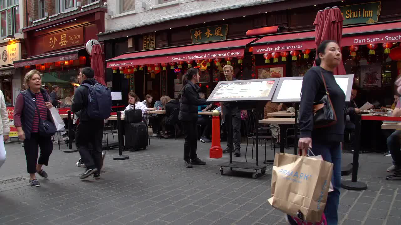 Busy Soho Chinatown Street Scene with Diners and Shoppers