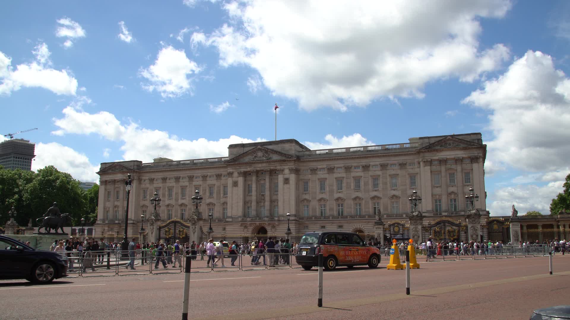 Buckingham Palace with Tourists and Black Cab on a Sunny Day