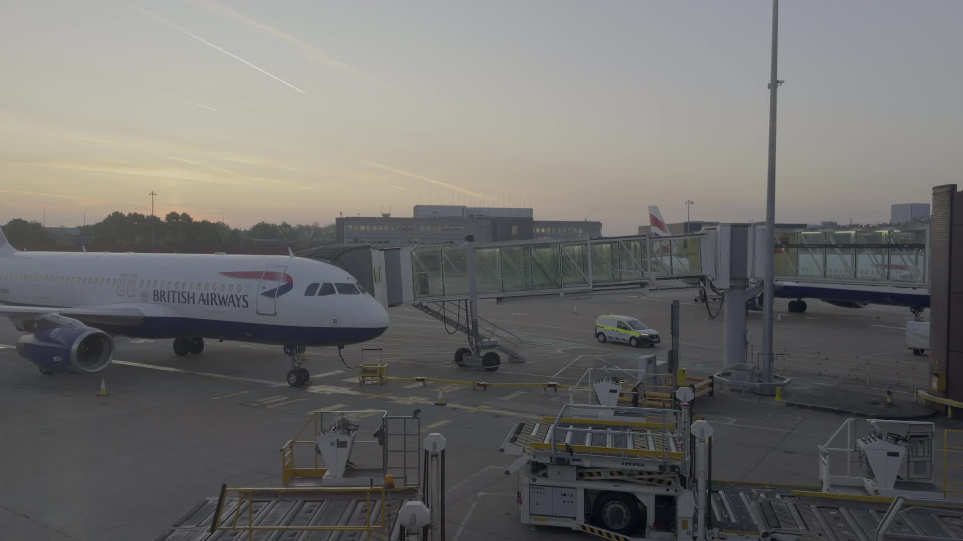 Sunrise at London Gatwick Airport with British Airways Plane