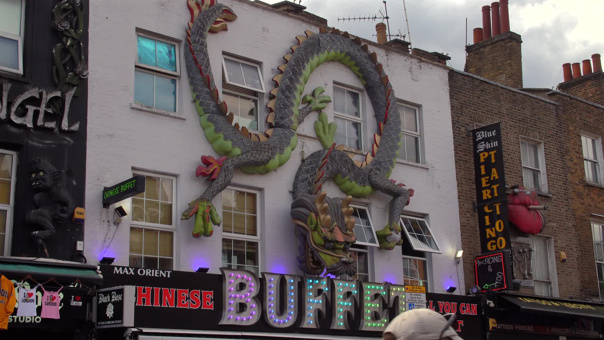 Camden Street Scenes with Iconic Dragon Decor in London