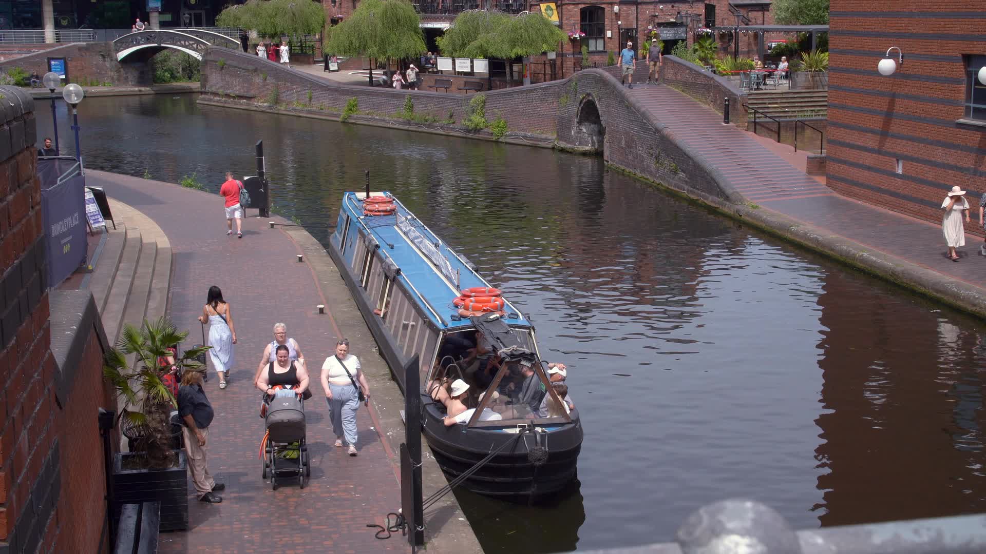 Scenic Birmingham Canal with Narrowboat and Pedestrians