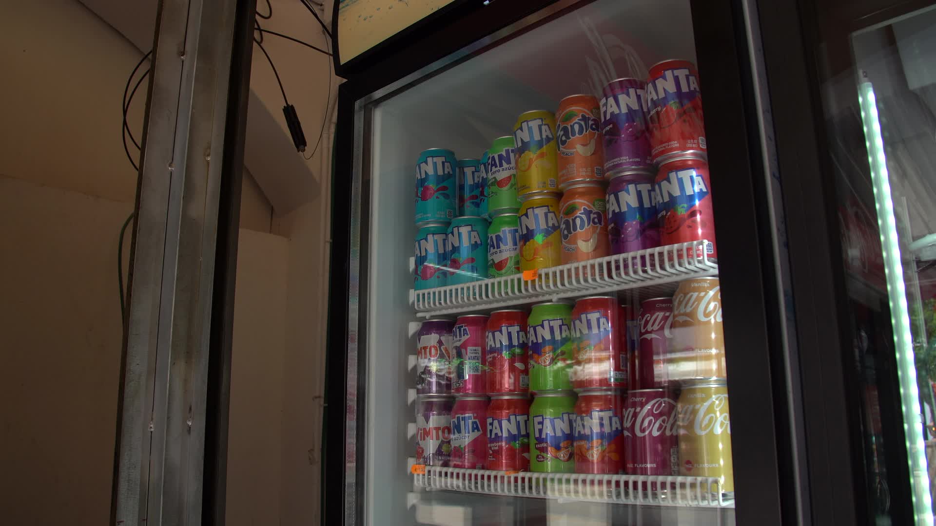 Variety of Fanta Cans in SPAR Store Fridge in Cala d'Or, Mallorca, Spain